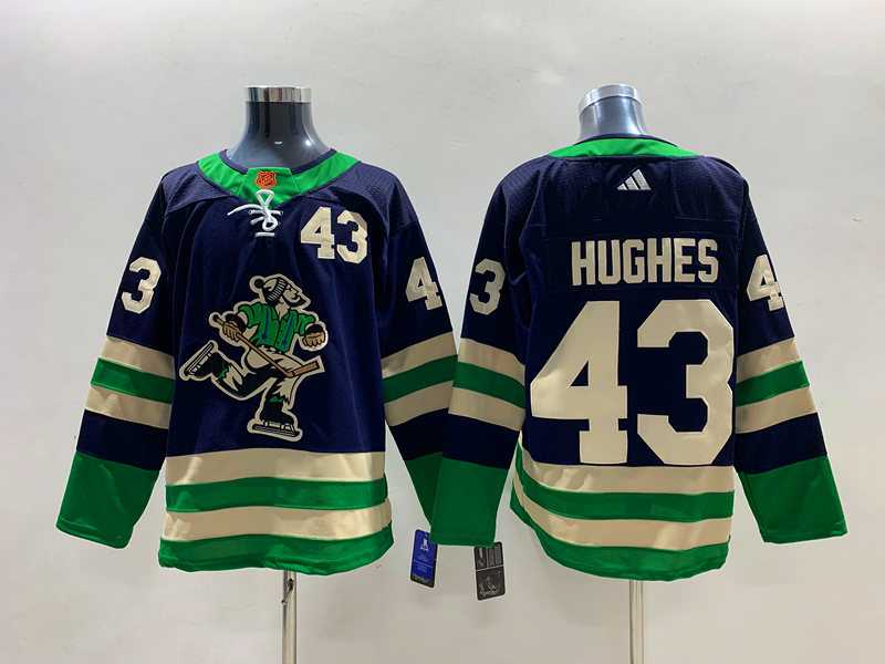 Mens Vancouver Canucks #43 Quinn Hughes Navy 2022 Reverse Retro Stitched Jersey